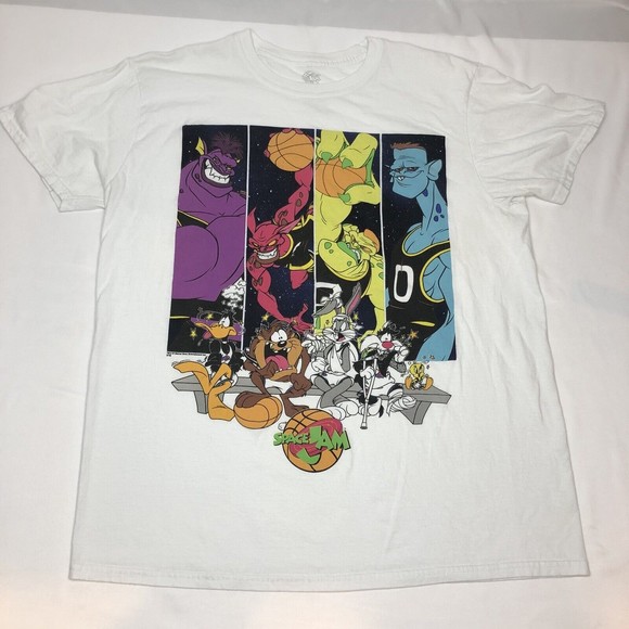 Space Jam Looney Tunes Sz L White Graphic T-Shirt Bugs Monstars Tune Squad Taz - Picture 2 of 8
